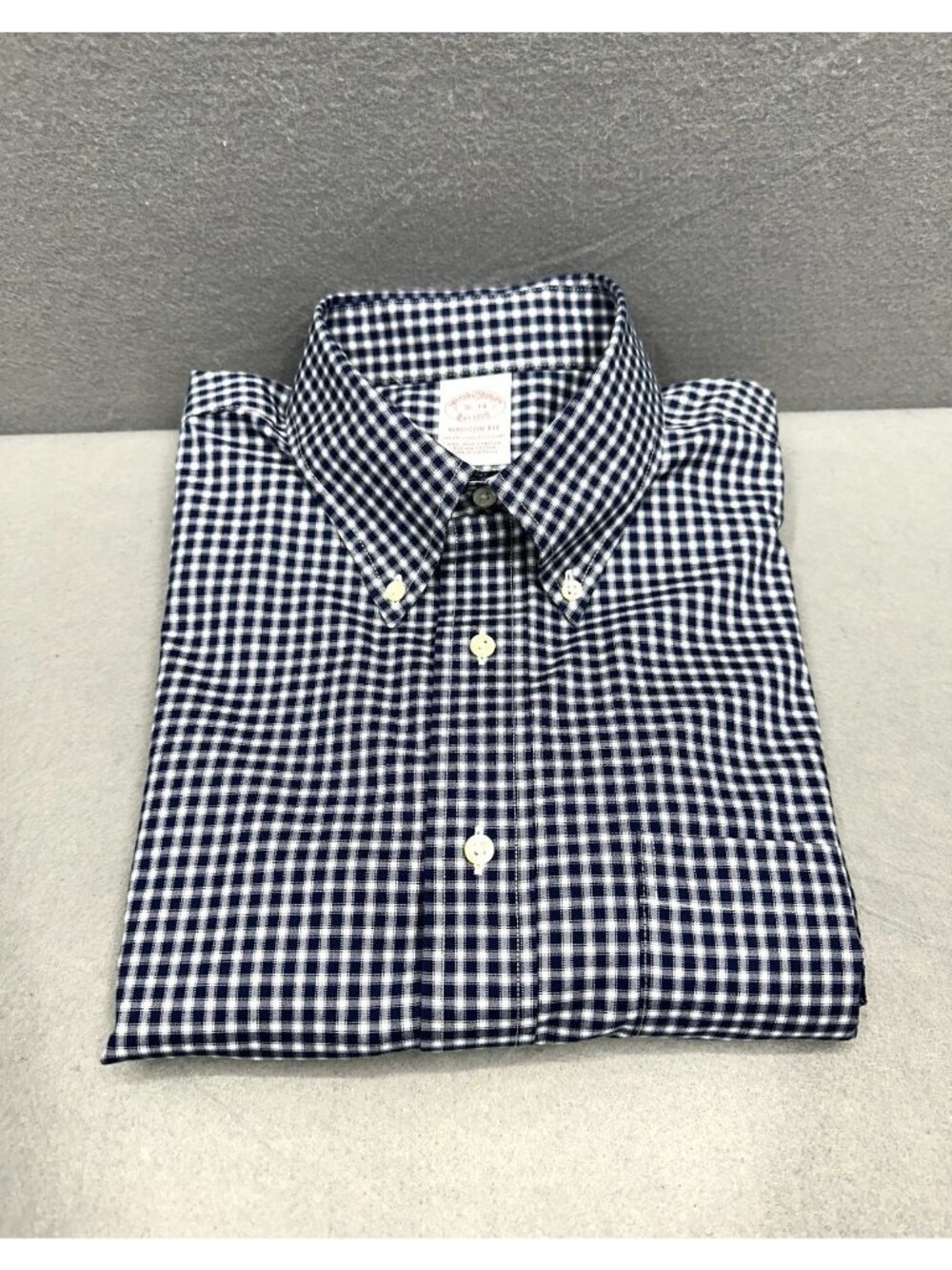Brooks Brothers Dress Shirt Mens 16 34/35 Madison Fit Non Iron Blue Gingham EUC